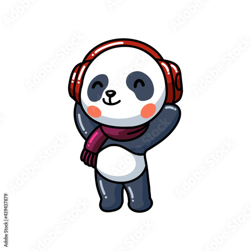 Cute little panda listening music with headphone cartoon © frescostudio