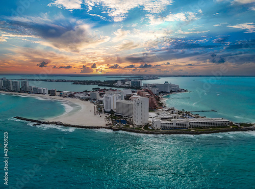 Sunset view of Cancun hotel zone, Mexico