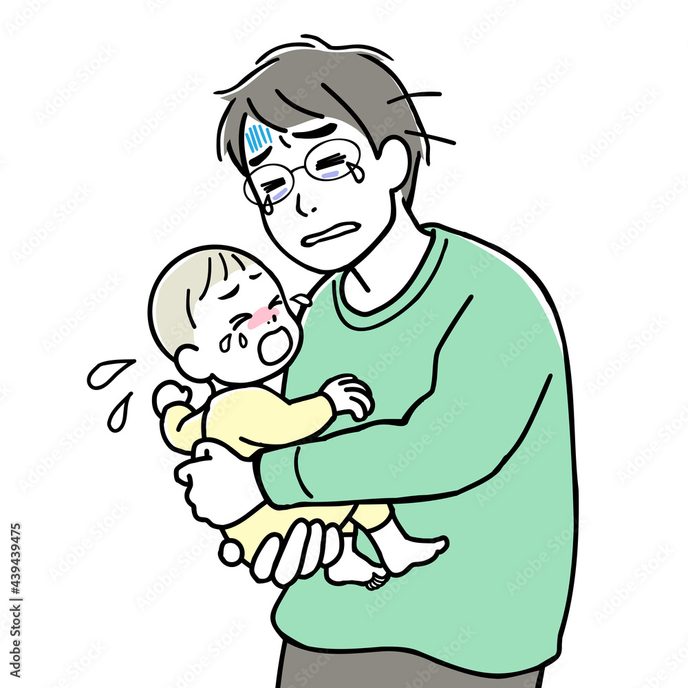 A father with nervous breakdown, holding his crying baby in his arms A father with nervous breakdown, holding his crying baby in his arms