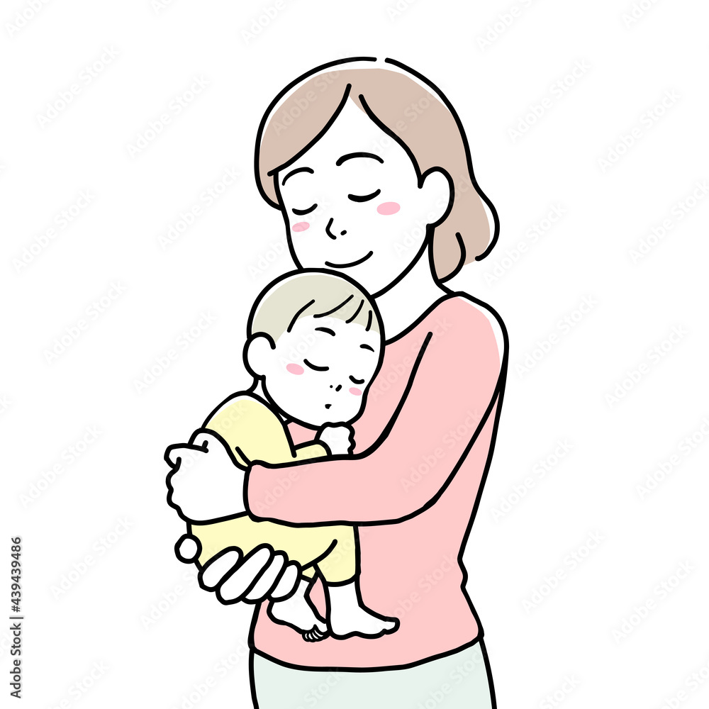 A smiling mother holding her sleeping baby in her arms A smiling mother holding her sleeping baby in her arms