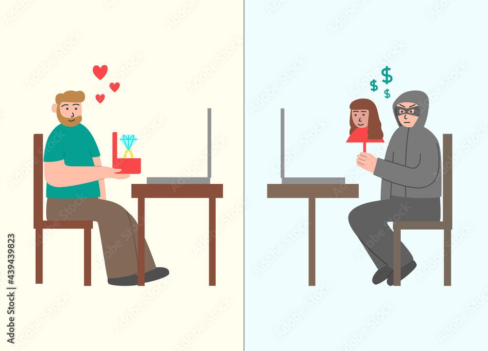 Online crime concept vector flat illustration, victim and masked scammer. Online crime concept vector flat illustration, victim and masked scammer.