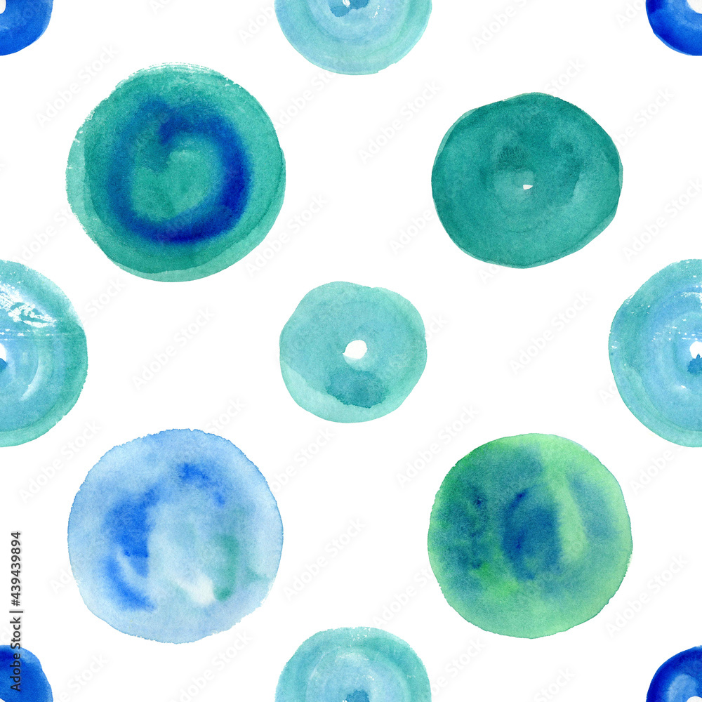 Seamless pattern of watercolor circles in blue, green, ultramarine, and turquoise on a white background. Seamless pattern of watercolor circles in blue, green, ultramarine, and turquoise on a white background.