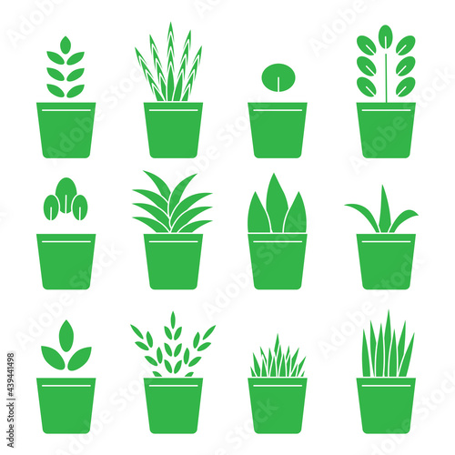 Cartoon green flowerpots green pots. Interior design. Home icon. Floral background. Vector illustration. Stock image.