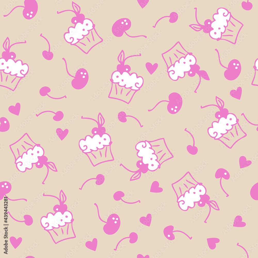 Doodle seamless pattern of sweet muffins and cherries. Perfect for scrapbooking, textile and prints. Hand drawn vector illustration for decor and design.
