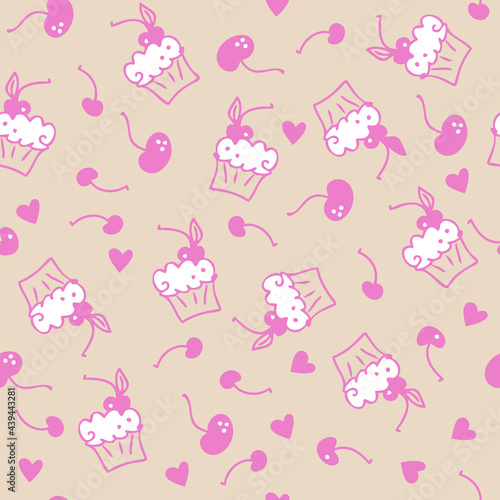 Doodle seamless pattern of sweet muffins and cherries. Perfect for scrapbooking, textile and prints. Hand drawn vector illustration for decor and design. 