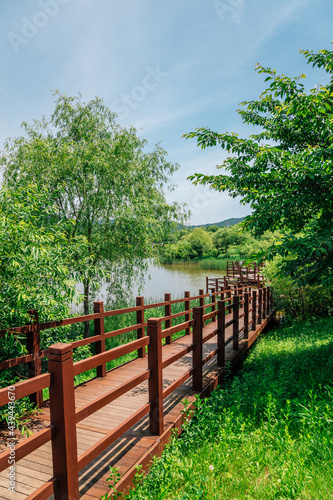 Lake and forest trail at Incheon Grand Park in Korea