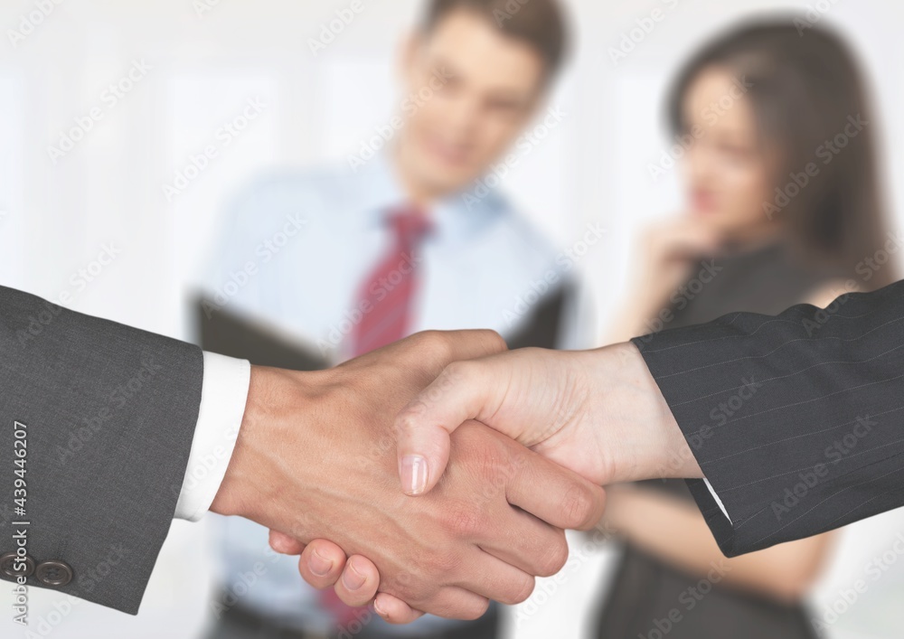 Confident business person handshake on office background.