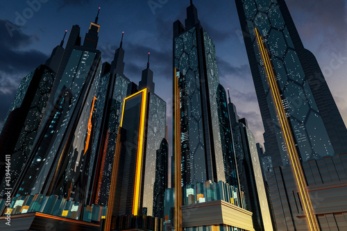 Skyline of the modern city at night from below