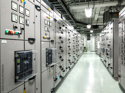 Electrical switchgear, Industrial electrical switch panel at substation in industrial zone at power plant with closed up high resolution 50M pixel concept which customer can use for large file. photo