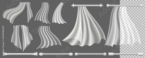 set of realistic window curtain or flying curtains silk hanging with luxury stick isolated or mock up interior decorative design concept. eps vector