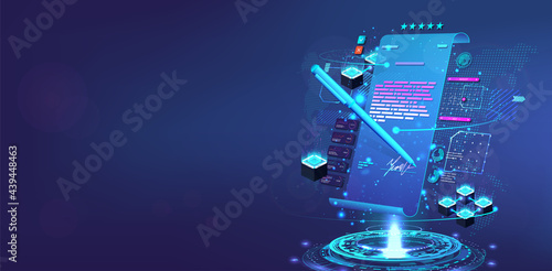 Electronic document of the contract, online documentation concept. Perspective illustration for hi-tech, online networks, blockchain system, electronic signature, business on the Internet. Vector