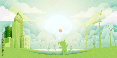 Green eco city on nature landscape background.Family enjoy outdoor activities on green park.Environment and Ecology concept.