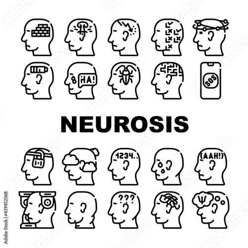 Neurosis Brain Problem Collection Icons Set Vector. Patient Neurosis And Disorder, Persecution Mania And Panic, Confused And Disorientation Contour Illustrations