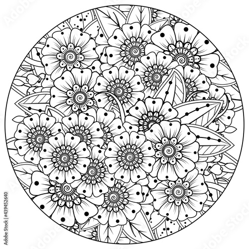 Mehndi flower for henna, mehndi, tattoo, decoration. decorative ornament in ethnic oriental style. doodle ornament. outline hand draw illustration. coloring book page.