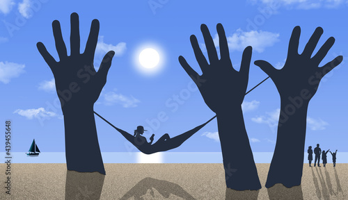 A woman relaxes in a hammock strung between trees that look like hands in this ridiculous play on words that suggests she is resting under â€œpalmâ€ trees. This is a 3-d illustration. photo
