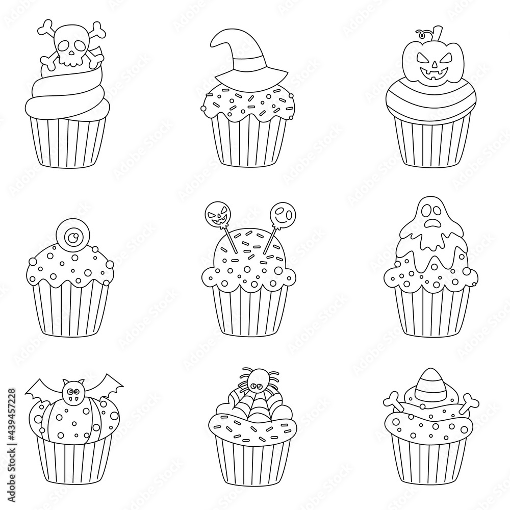 Set of black and white Halloween cupcakes. Vector illustrations. Set of black and white Halloween cupcakes. Vector illustrations.