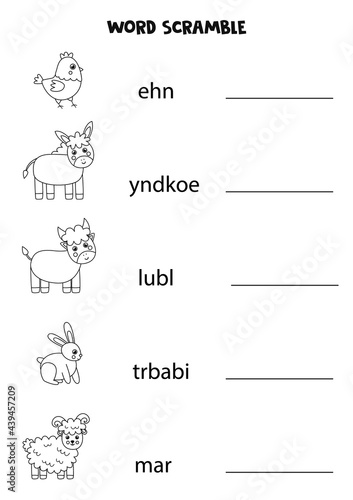 Puzzle for kids. Word scramble for children. Black and white farm animals.