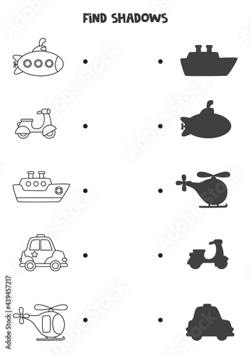 Find the correct shadows of black and white transport. Logical puzzle for kids.