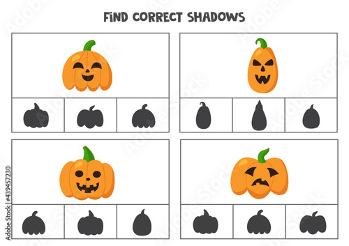 Find correct shadow of Halloween pumpkins. Printable clip card games for children.