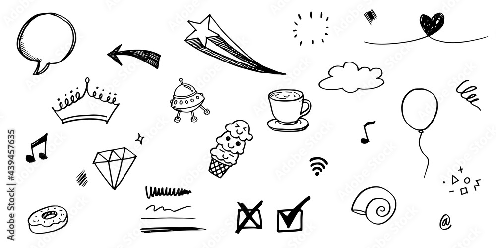 Obraz premium hand drawn set of curly swishes, swashes, swoops. Abstract arrows, Arrow, heart, love, star, leaf, sun, light, crown, king, queen, on doodle style for concept design. vector illustration.