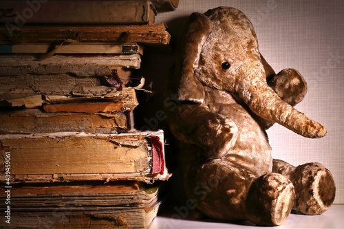 old books, old plush toy. sad elephant.