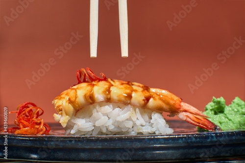 asian food modern Japanese sushi with Indian shrimp wasabi nikiri rice
 photo