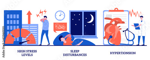 High stress levels, sleep disturbances, hypertension concept with tiny people. Stressful life abstract vector illustration set. Digital overload, mental health, high blood pressure, insomnia metaphor