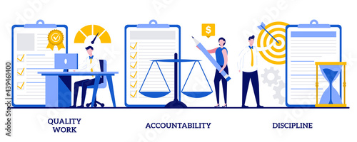 Quality work, accountability, discipline concept with tiny people. Task and project management abstract vector illustration set. Leadership, career goals and perspectives metaphor