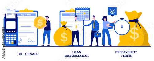 Bill of sale, loan disbursement, prepayment terms concept with tiny people. Financial agreement signing abstract vector illustration set. Legal document, business papers metaphor