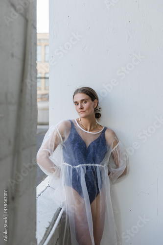 modern fashionable portrait of young woman in sheer dress
