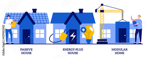 Passive and energy-plus house, modular home concept with tiny people. Innovative private construction technologies vector illustration set. Heating efficiency, reducing ecological footprint metaphor
