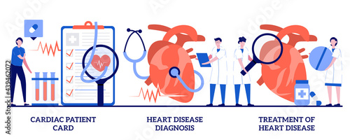 Cardiac patient card, heart disease diagnosis and treatment concept with tiny people. Heart attack abstract vector illustration set. Blood test, hospital care, heartbeat rate and chest pain metaphor