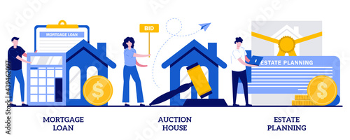 Mortgage loan, auction house, estate planning concept with tiny people. Residential and commercial property vector illustration set. Real estate services, down payment, attorney advise metaphor