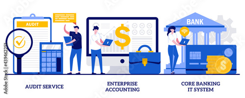 Audit service, enterprise accounting, core banking IT system concept with tiny people. Business finance vector illustration set. Consulting company, financial transaction, clients deposit metaphor