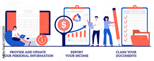 Provide and update your personal information, report your income, claim documents concept with tiny people. Tax filing vector illustration set. Tax credits and expenses, financial report metaphor