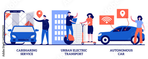 Carsharing service, urban electric transport, autonomous car concept with tiny people. Urban transportation vector illustration set. Rental service, city lifestyle, self-driving vehicle metaphor
