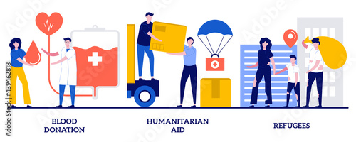 Blood donation, humanitarian aid, refugees concept with tiny people. Medical volunteer assistance abstract vector illustration set. Charity activities and community service works metaphor