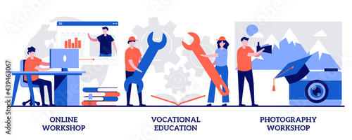 Online workshop, vocational education, photography workshop concept with tiny people. Internet learning abstract vector illustration set. Certificate gaining, photographer training courses metaphor