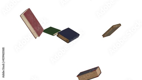 Old dilapidated books are spinning in different directions on a white background. The flaws caused by time and readers are visible.