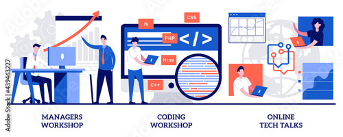 Managers workshop, coding workshop, online tech talks concept with tiny people. IT digital education abstract vector illustration set. Programming course, app and games development class metaphor