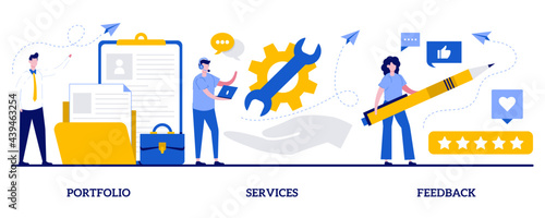 Portfolio, services, feedback concept with tiny people. Corporate website menu bar abstract vector illustration set. Website design, site navigation, user experience, catalog landing page metaphor