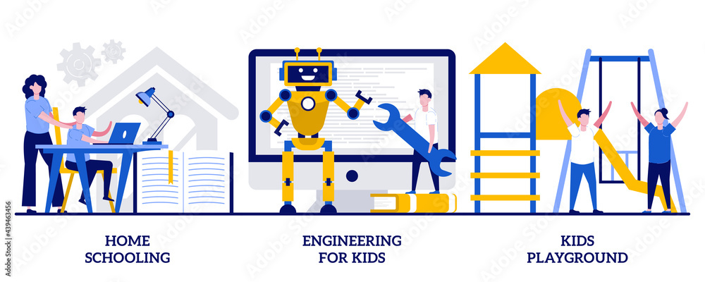 Home schooling, engineering for kids, kids playground concept with tiny people. Children education and recreation abstract vector illustration set. Entertainment and learning metaphor