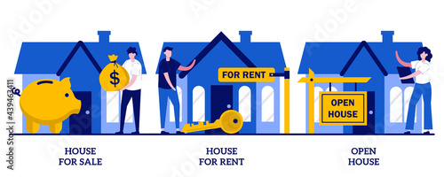 House for sale and for rent, open house concept with tiny people. Real estate agent service vector illustration set. Best deal, booking, residential and commercial property, mortgage broker metaphor