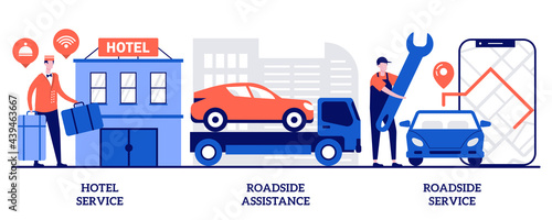 Hotel service, roadside assistance and service concept with tiny people. Roadside business abstract vector illustration set. Drive inn, car repair, 24 hour help, truck breakdown, flat tire metaphor