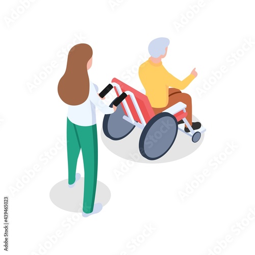 A girl is caring for an elderly man in a wheelchair. Concept of elderly care , nursing home. Vector illustration in isometric style. Isolated on white background.