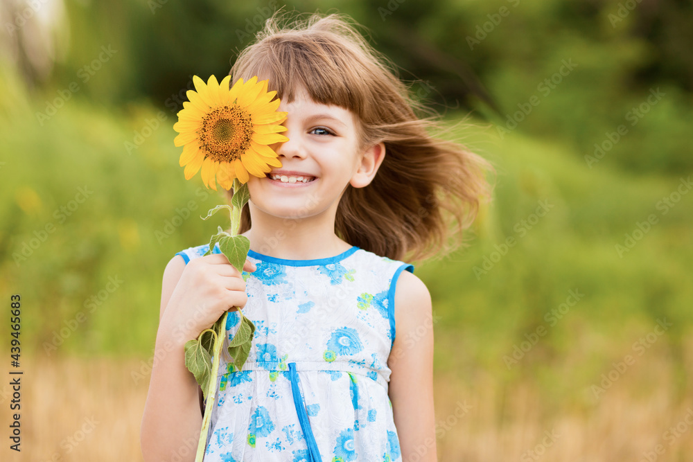 Cute child girl wear dress with sunflower in summer field. Happy little girl hide eye with sunflower. Summer time concept. Cute child girl wear dress with sunflower in summer field. Happy little girl hide eye with sunflower. Summer time concept.