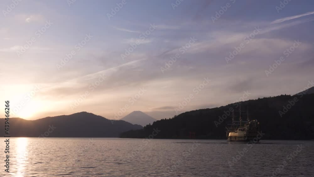 Stunning view of Mount Fuji from lake Ashi at sunset, Hakone, Japan Stunning view of Mount Fuji from lake Ashi at sunset, Hakone, Japan