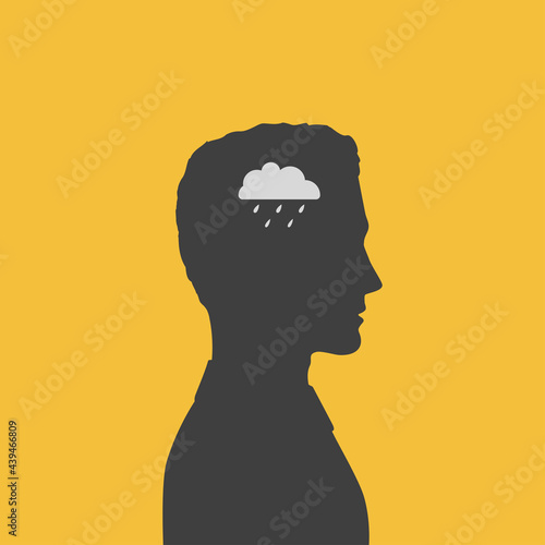 Silhouette profile of man with raining cloud in his head - metaphor of depression. Conceptual poster of mood disorder and mental diseases.