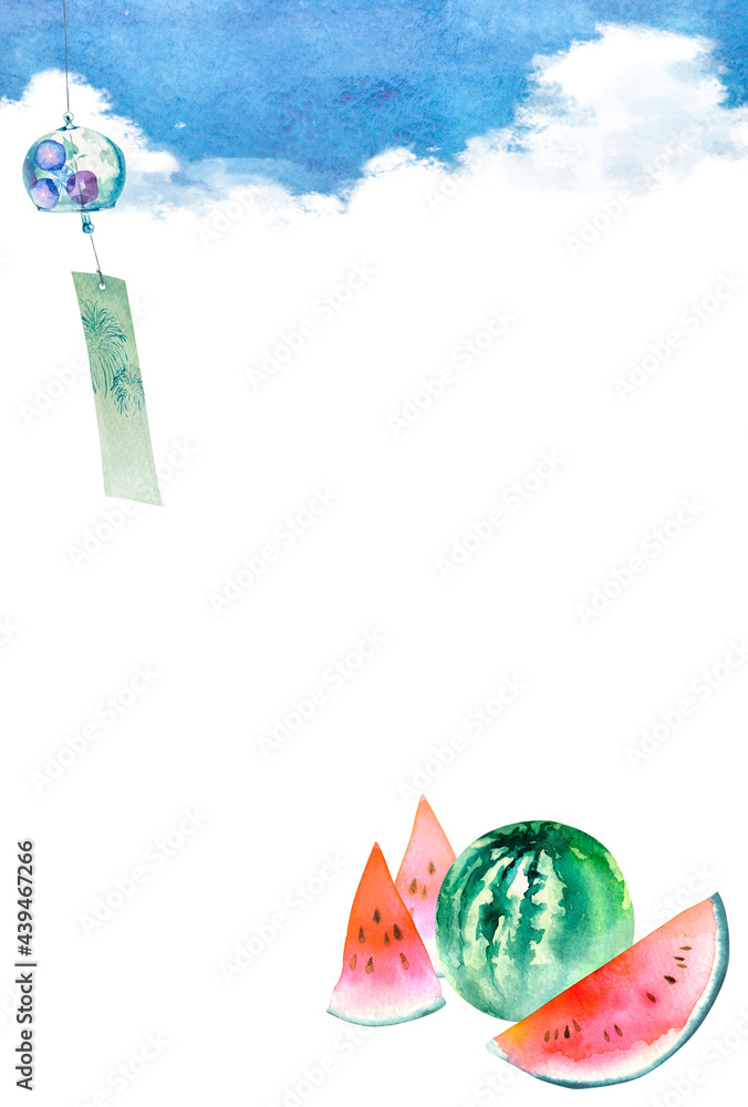 風鈴 スイカ 夏 背景 フレーム 暑中見舞い 水彩 イラスト Stock Illustration Adobe Stock