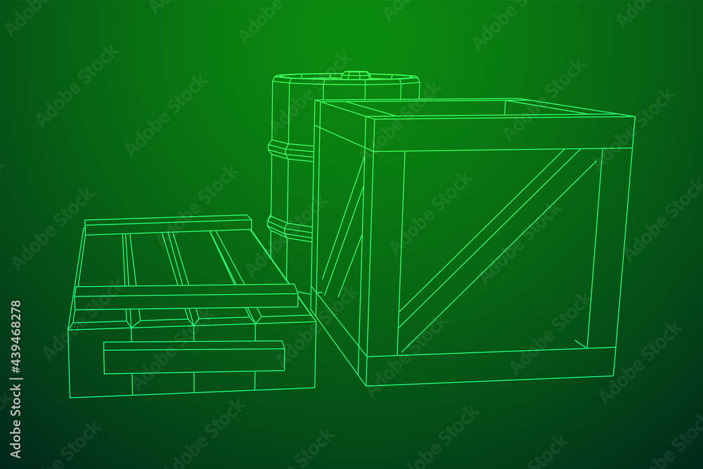 Fototapeta premium Supplies cargo concept. Pile boxes and barrels. Wireframe low poly mesh vector illustration.